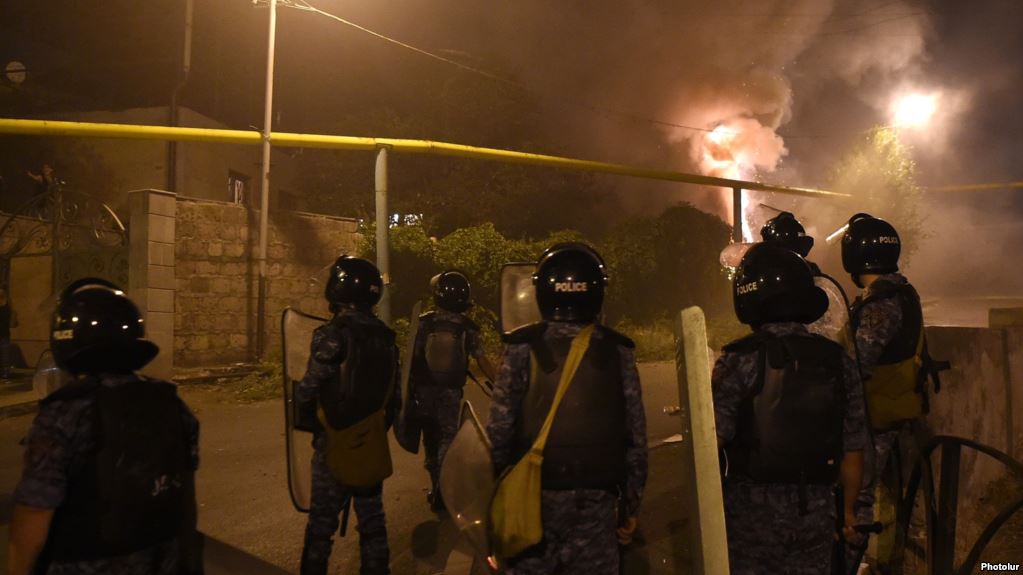 On the 13th day of the occupation of Patrol-Guard Service Regiment of Erebuni district by 'Sasna Tsrer' group, protesting people marched to Sari Tagh and clashed with policemen in Yerevan, Armenia