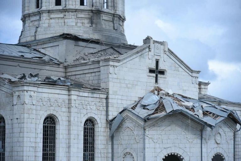 Nagorno-Karabakh -- Ghazanchetsots Cathedral in Shoushi after rocket fire by Azerbaijani armed forces, 08Oct2020